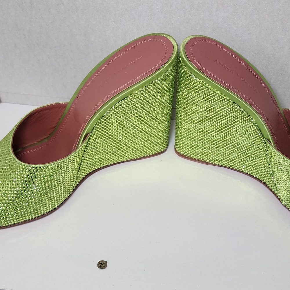 Amina Muaddi Lupita Crystal Wedges in Lime . Available in sz 40.5, 39.5, 38.5, 8